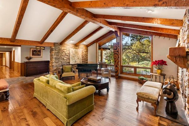 Fireplace, Interior, Living room, Piano, Recessed Lighting, Stone Walls, Wooden Beams, Wood Texture Flooring