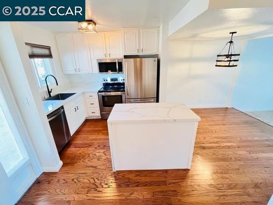 Interior, Kitchen, Pendant Lights, Stainless Steel Appliances, Wood Texture Flooring