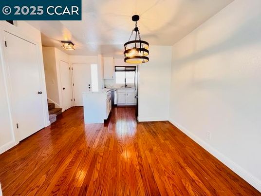 Chandelier, Empty room, Interior, Kitchen, Pendant Lights, Wood Texture Flooring