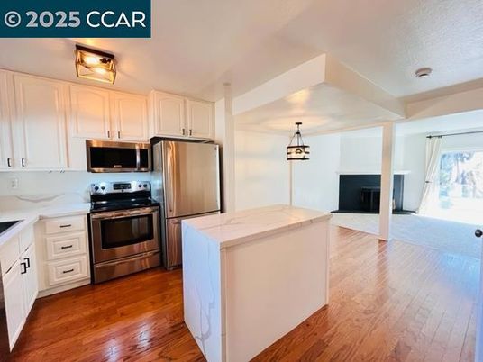 Interior, Kitchen, Pendant Lights, Stainless Steel Appliances, Wood Texture Flooring