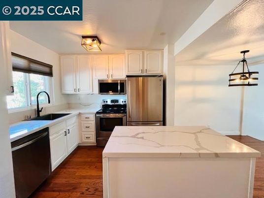 Interior, Kitchen, Pendant Lights, Stainless Steel Appliances, Wood Texture Flooring
