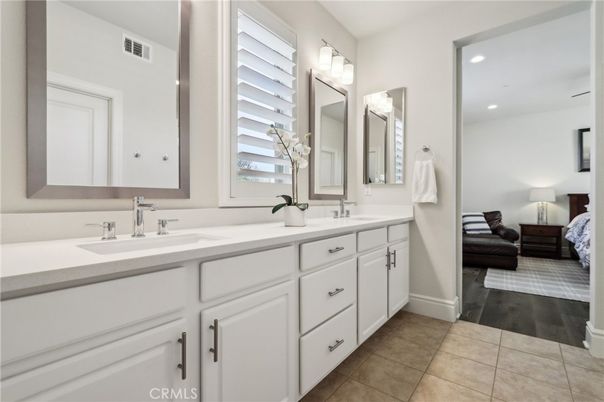 Bathroom, Bedroom, Dual Sink Vanities, Interior, Recessed Lighting, Wood Texture Flooring