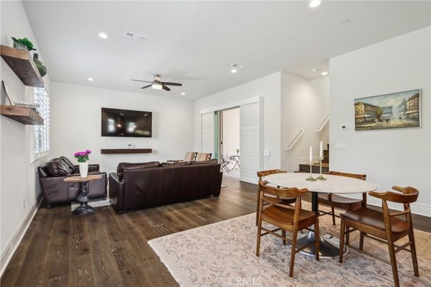 Dining room, Interior, Living room, Recessed Lighting, Wood Texture Flooring