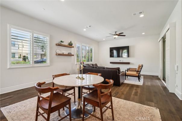Dining room, Interior, Living room, Recessed Lighting, Wood Texture Flooring
