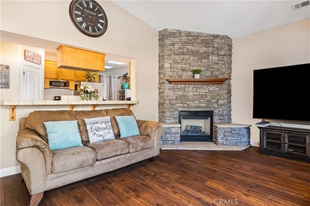 Fireplace, Interior, Kitchen, Living room, Stone Walls, Wood Texture Flooring