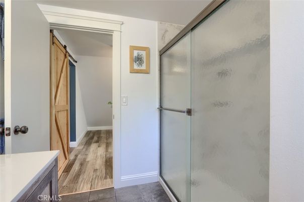 Bathroom, Glass Shower, Interior, Wood Texture Flooring