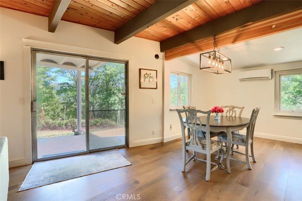 Dining room, Interior, Pendant Lights, Recessed Lighting, Wooden Beams, Wooden Ceilings, Wood Texture Flooring