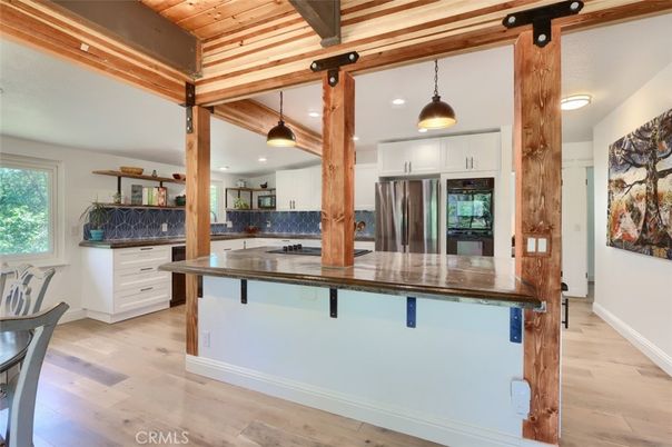 Interior, Kitchen, Pendant Lights, Stainless Steel Appliances, Wooden Beams, Wooden Ceilings, Wood Texture Flooring