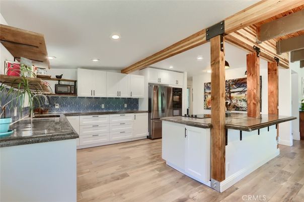 Interior, Kitchen, Recessed Lighting, Stainless Steel Appliances, Wooden Beams, Wood Texture Flooring