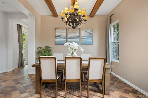 Chandelier, Dining room, Interior, Wooden Beams