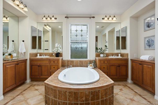 Bathroom, Dual Sink Vanities, Interior, Recessed Lighting, Tile Countertops