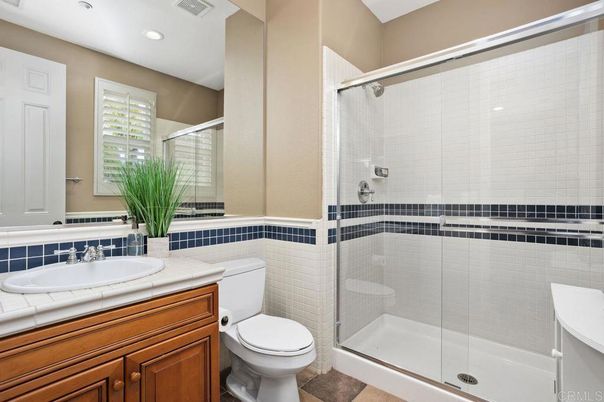 Bathroom, Glass Shower, Interior, Recessed Lighting, Tile Countertops