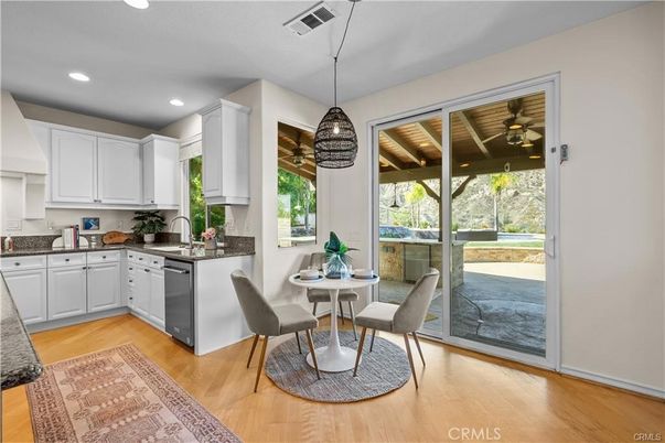 Dining room, Interior, Kitchen, Pendant Lights, Recessed Lighting, Wood Texture Flooring