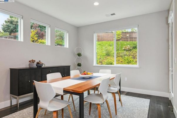Dining room, Interior, Recessed Lighting, Wood Texture Flooring