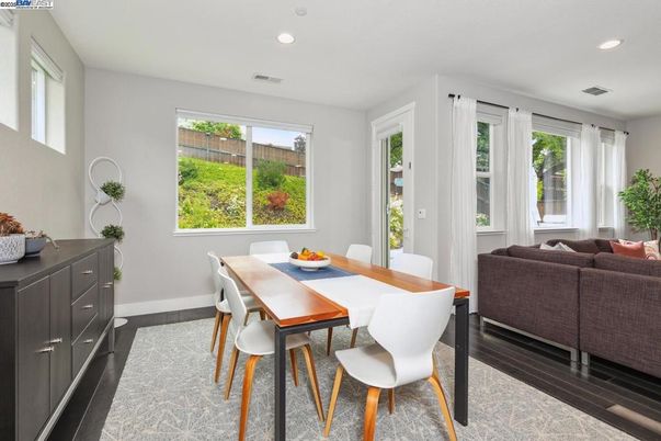 Dining room, Interior, Living room, Recessed Lighting, Wood Texture Flooring