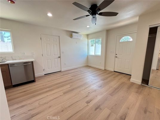 Empty room, Interior, Kitchen, Recessed Lighting, Wood Texture Flooring