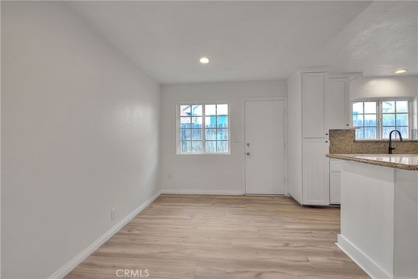 Empty room, Interior, Kitchen, Recessed Lighting, Wood Texture Flooring