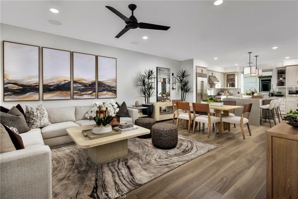Dining room, Interior, Kitchen, Living room, Pendant Lights, Recessed Lighting, Stainless Steel Appliances, Wood Texture Flooring