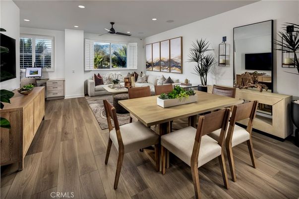 Dining room, Interior, Living room, Recessed Lighting, Wood Texture Flooring