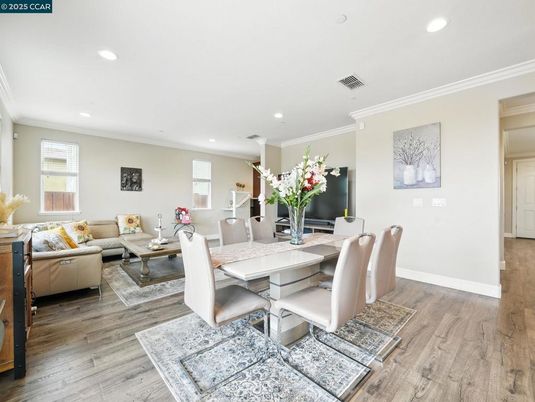 Dining room, Interior, Living room, Recessed Lighting, Wood Texture Flooring