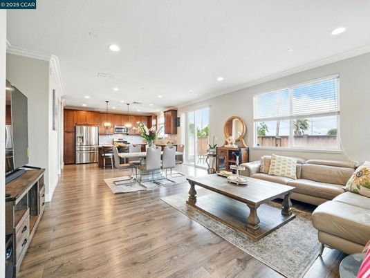 Dining room, Interior, Kitchen, Living room, Pendant Lights, Recessed Lighting, Stainless Steel Appliances, Wood Texture Flooring