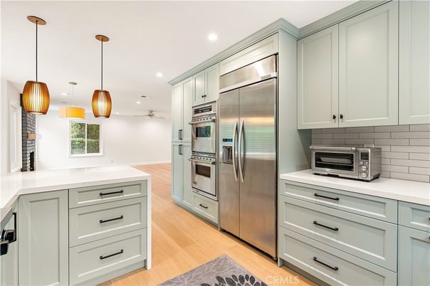 Interior, Kitchen, Pendant Lights, Recessed Lighting, Stainless Steel Appliances, Wood Texture Flooring