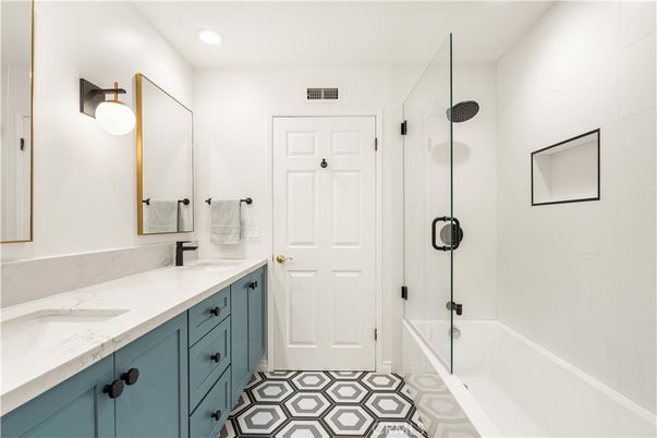Bathroom, Dual Sink Vanities, Glass Shower, Interior, Recessed Lighting