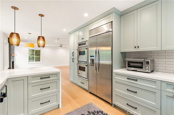Interior, Kitchen, Pendant Lights, Recessed Lighting, Stainless Steel Appliances, Wood Texture Flooring