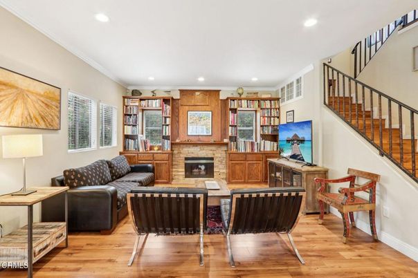 Fireplace, Interior, Living room, Recessed Lighting, Wood Texture Flooring