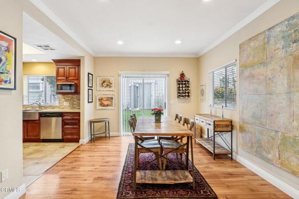 Dining room, Interior, Kitchen, Recessed Lighting, Stainless Steel Appliances, Wood Texture Flooring