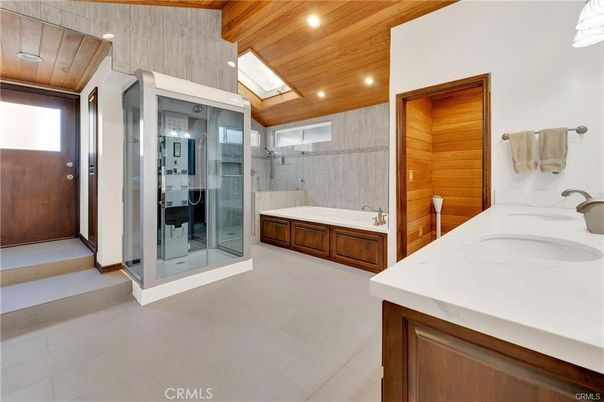 Bathroom, Dual Sink Vanities, Glass Shower, Interior, Recessed Lighting, Wooden Ceilings, Wooden Walls