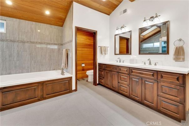 Bathroom, Dual Sink Vanities, Interior, Recessed Lighting, Wooden Ceilings