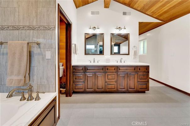 Bathroom, Dual Sink Vanities, Interior, Wooden Beams, Wooden Ceilings