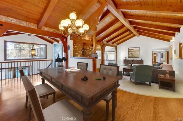 Chandelier, Dining room, Interior, Living room, Pendant Lights, Wooden Beams, Wooden Ceilings, Wood Texture Flooring