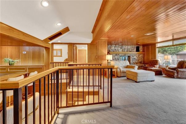 Fireplace, Interior, Living room, Recessed Lighting, Wooden Ceilings, Wooden Walls
