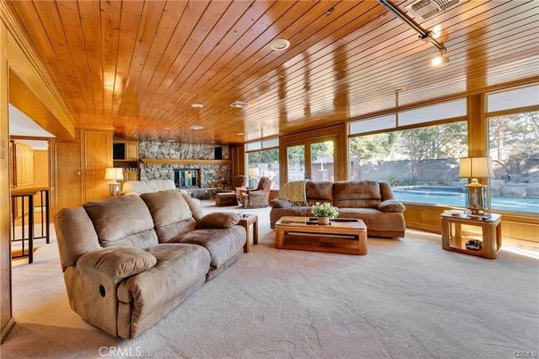 Dining room, Fireplace, Interior, Living room, Recessed Lighting, Wooden Ceilings