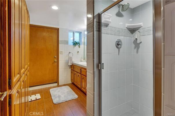 Bathroom, Glass Shower, Interior, Recessed Lighting, Wood Texture Flooring
