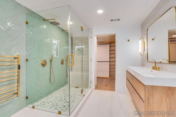 Bathroom, Glass Shower, Interior, Recessed Lighting, Wood Texture Flooring