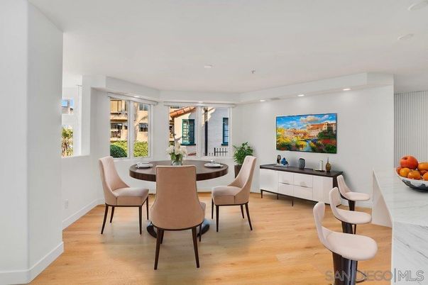 Dining room, Interior, Recessed Lighting, Wood Texture Flooring