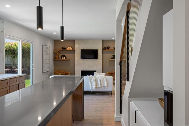 Fireplace, Interior, Pendant Lights, Recessed Lighting, Wood Texture Flooring