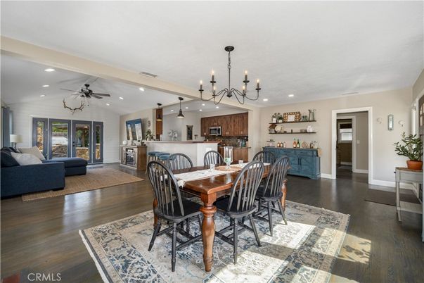 Chandelier, Dining room, Interior, Kitchen, Living room, Pendant Lights, Recessed Lighting, Wood Texture Flooring