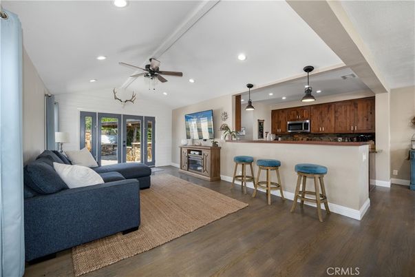 Fireplace, Interior, Kitchen, Living room, Pendant Lights, Recessed Lighting, Wood Texture Flooring