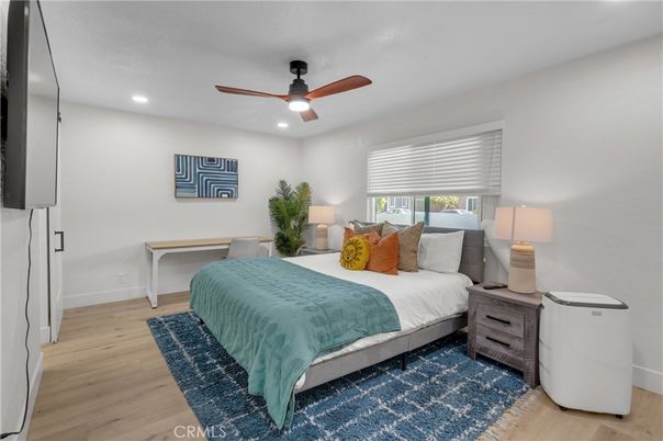 Bedroom, Interior, Recessed Lighting, Wood Texture Flooring