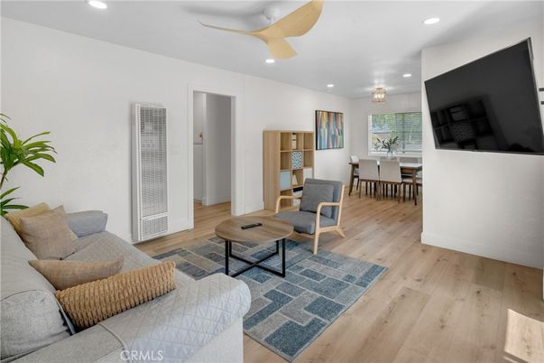 Dining room, Interior, Living room, Recessed Lighting, Wood Texture Flooring