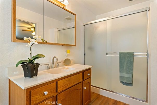 Bathroom, Glass Shower, Interior, Wood Texture Flooring