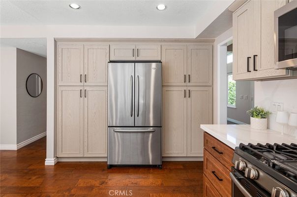 Interior, Kitchen, Recessed Lighting, Stainless Steel Appliances, Wood Texture Flooring
