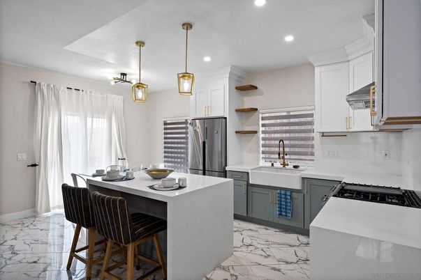 Interior, Kitchen, Marble, Pendant Lights, Recessed Lighting, Stainless Steel Appliances