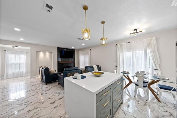 Dining room, Interior, Living room, Marble, Pendant Lights, Recessed Lighting