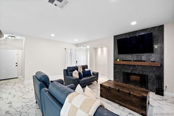 Fireplace, Interior, Living room, Marble, Recessed Lighting