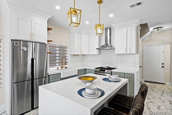 Interior, Kitchen, Marble, Pendant Lights, Recessed Lighting, Stainless Steel Appliances